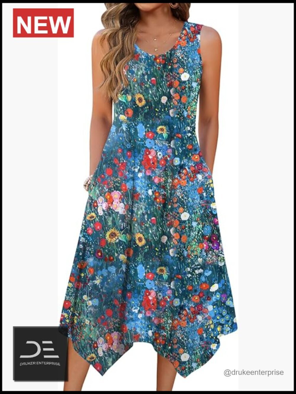 Tank Dress with Pockets Flowy Midi Sundress Handkerchief Hem